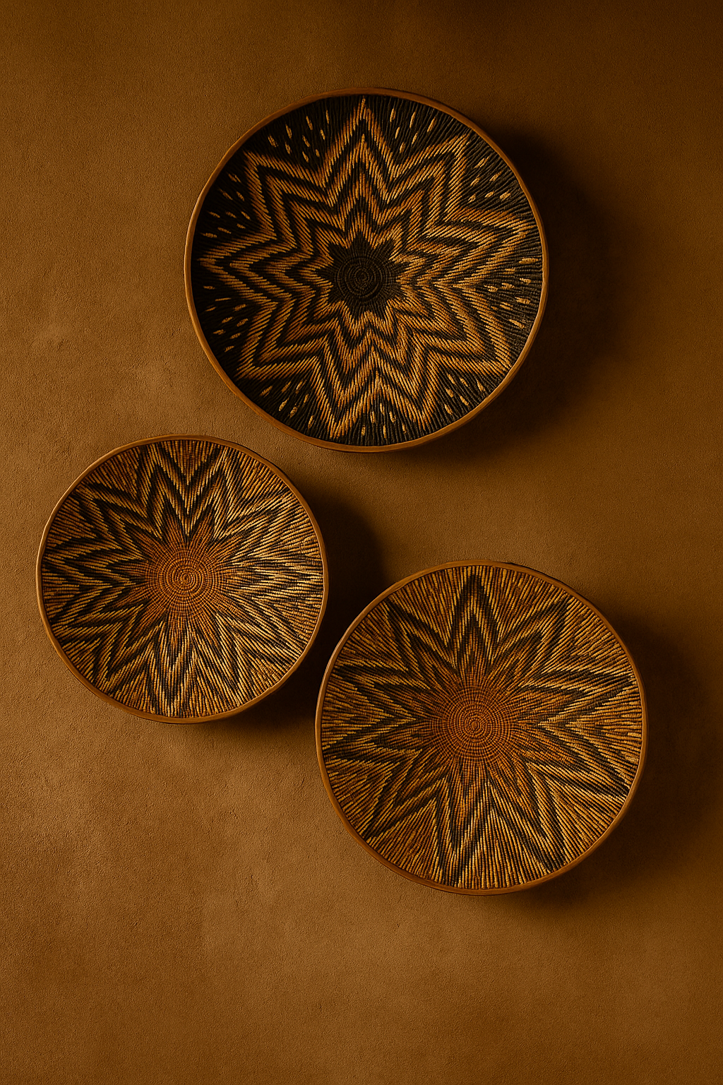 A set of three intricately handwoven Kavango baskets in earthy tones, mounted on a warm neutral wall as decorative wall art.