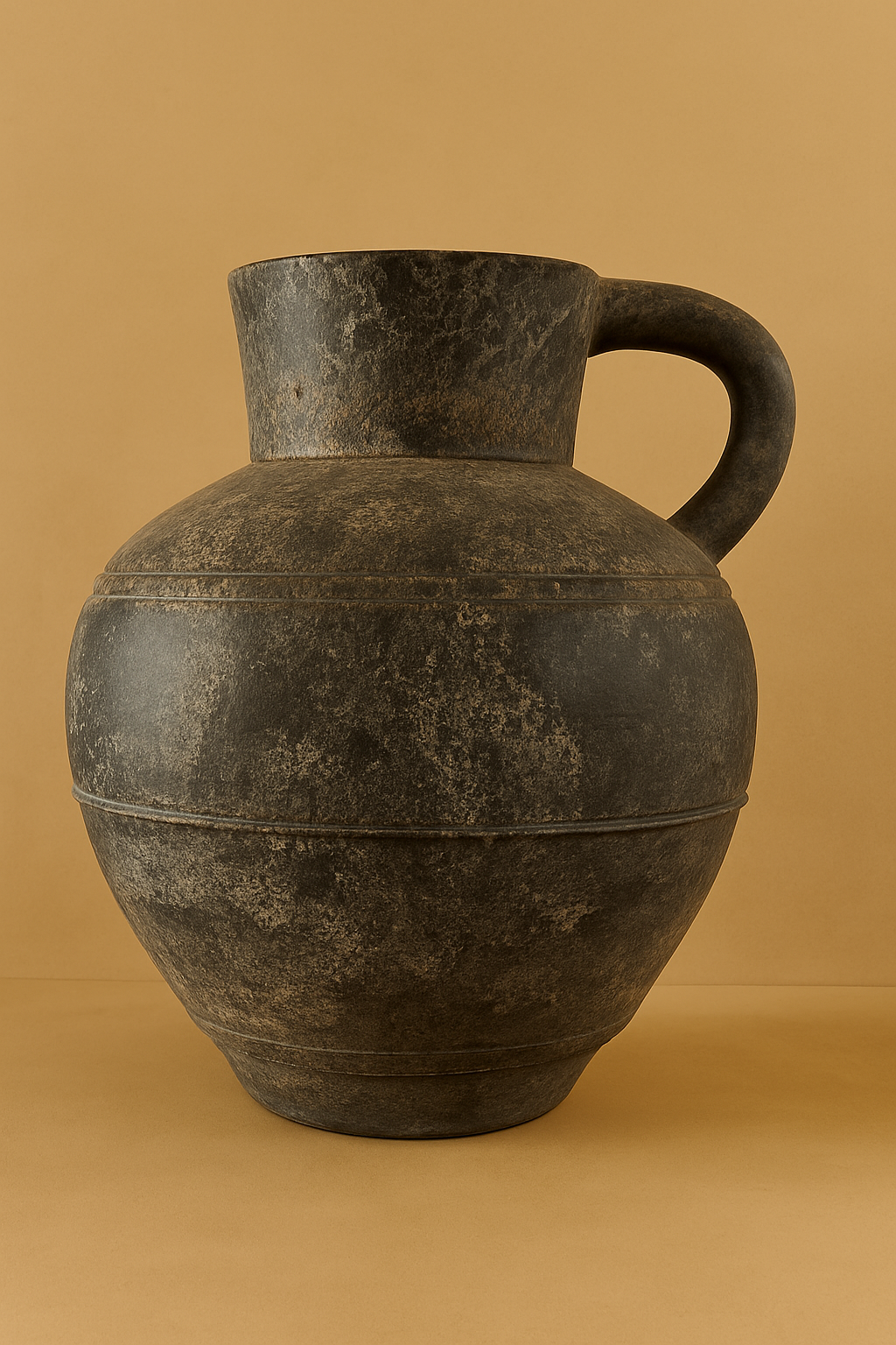 Large handcrafted black ceramic vessel with textured finish and curved handle, set against a warm camel-toned background.