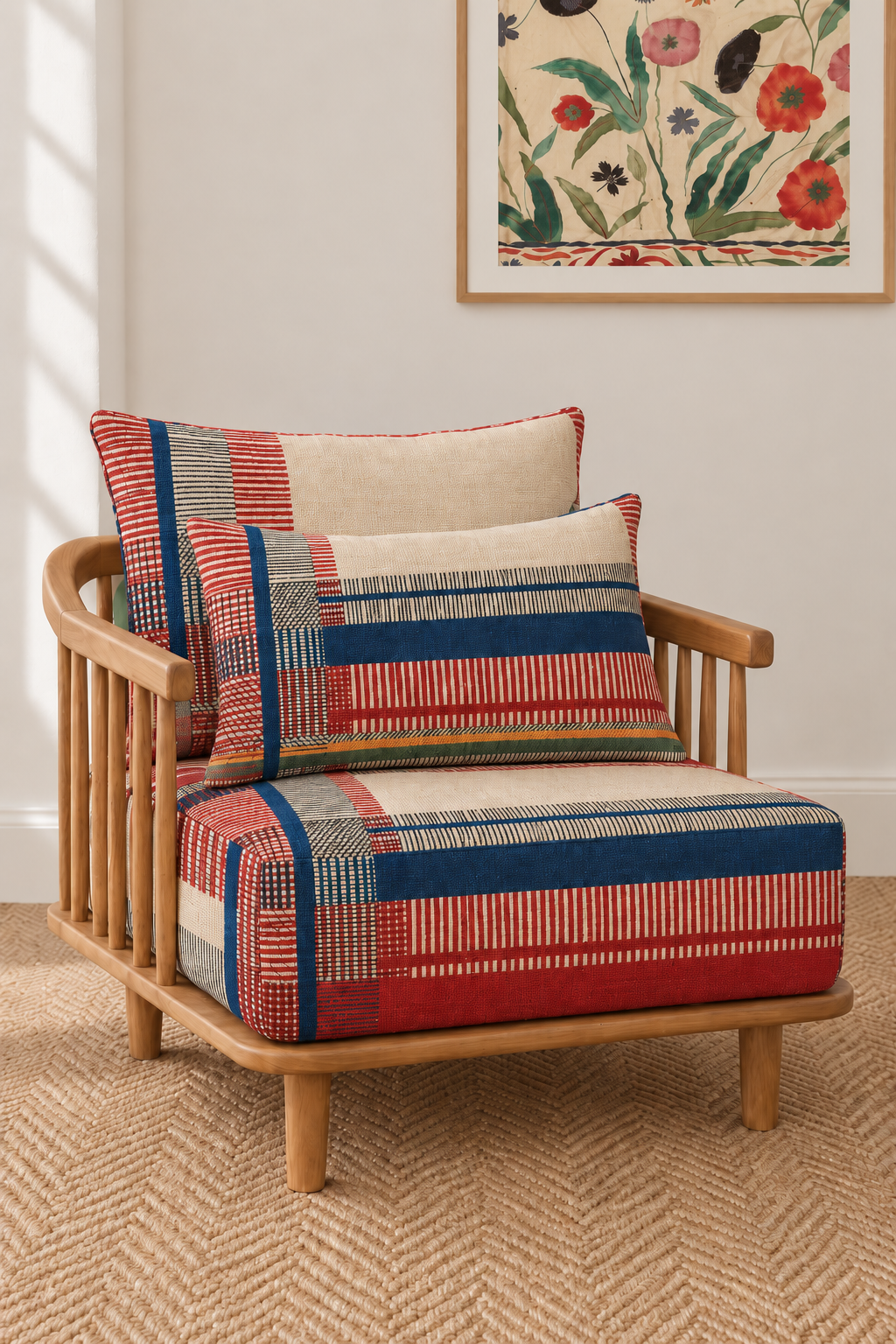 Wooden lounge chair styled with a patterned rug, plant and African figurative artwork