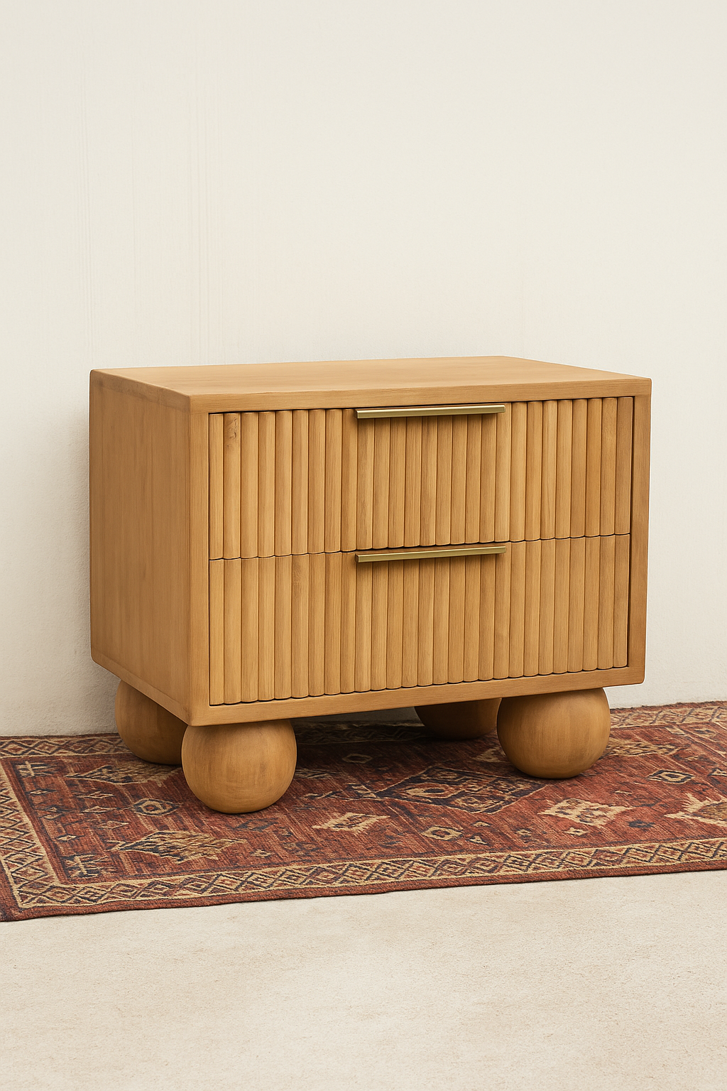 Iromo Bedside Table in solid teak with sculptural ball feet, fluted drawer fronts, and brass handles, handcrafted nightstand for boutique hotels, luxury lodges, and modern interiors.