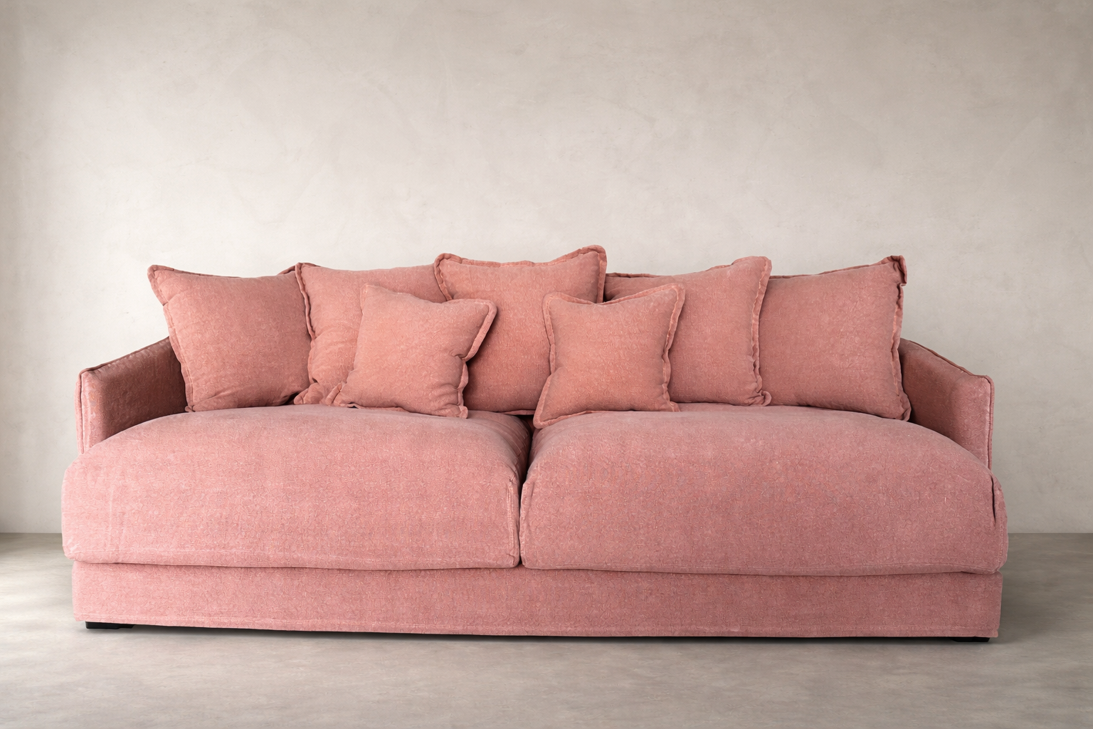 Manda Sofa in smoked rose 100% linen upholstery featuring structured arms and deep seating design.