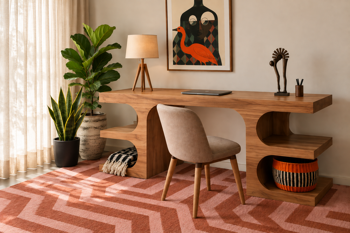 SIROC Desk in solid teak with curved open shelving, styled in a warm home office with a upholstered chair, fiddle leaf fig, African basket, sculptural objects and a bold bird print