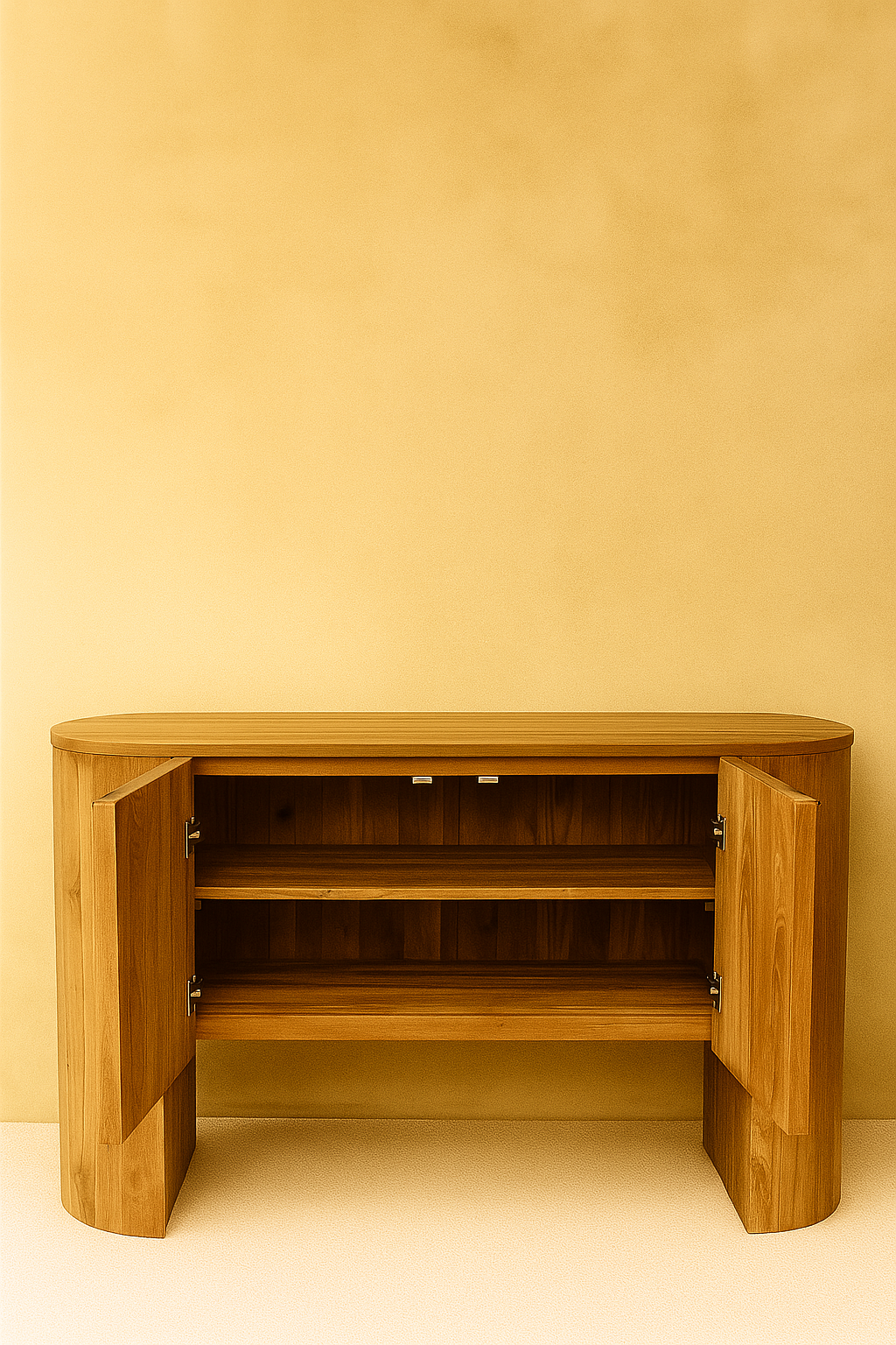 Yanis Cabinet in solid teak shown open, revealing internal shelving for versatile storage; handcrafted buffet cabinet with rounded sculptural design for boutique hotels, lodges, and modern interiors.