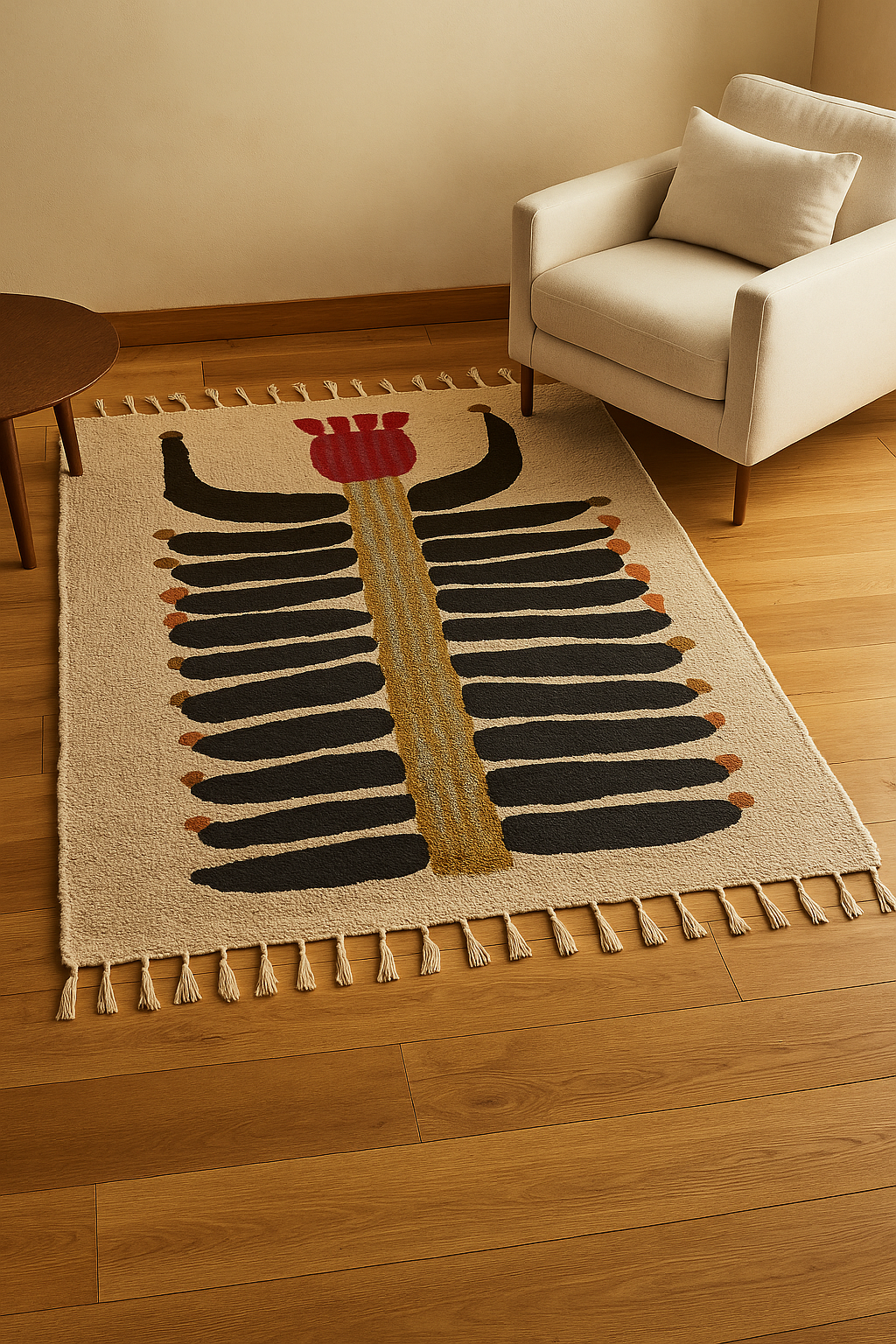 Ayo hand-tufted rug with a symmetrical black botanical design, ochre details, and a red crown motif on an ivory base, styled with a cream lounge chair and wooden flooring.