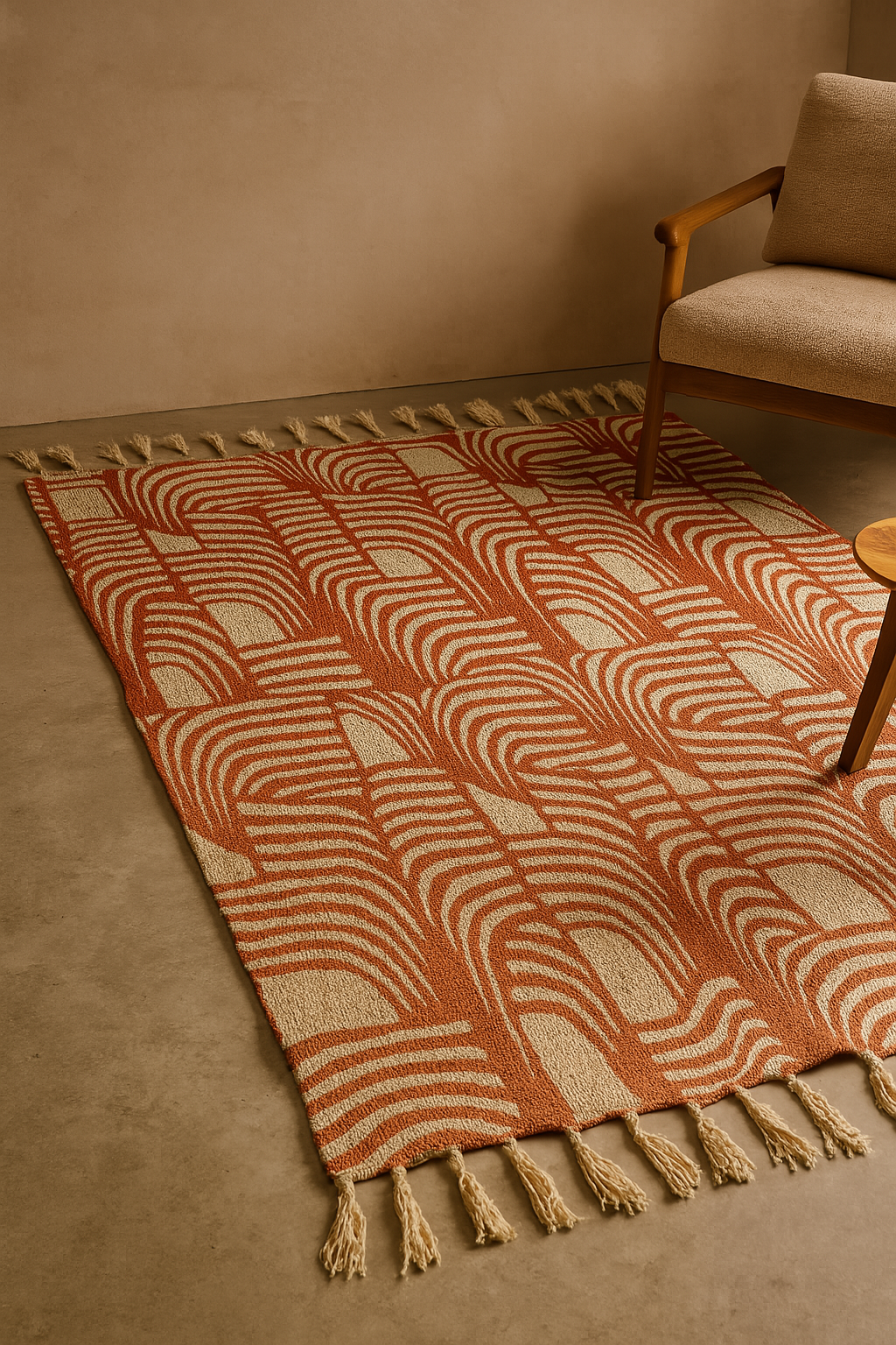 A rust and cream tufted rug with organic arch patterns, styled with tassels and a neutral armchair on a cement floor.