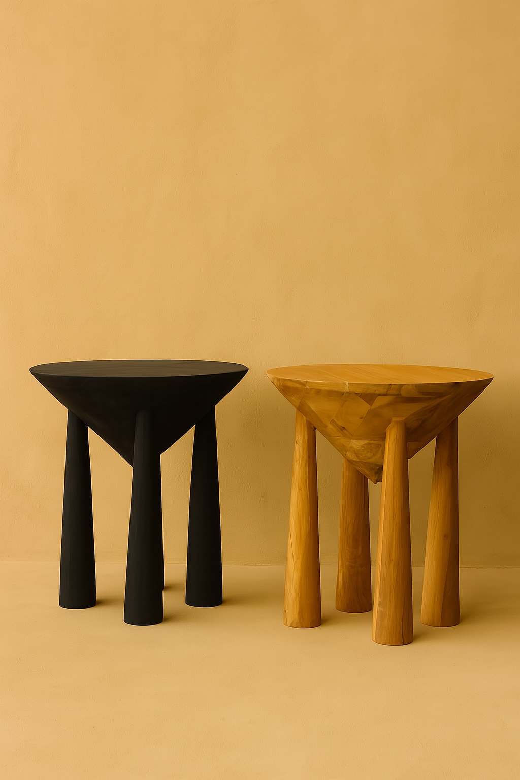 Two conical side tables with tapered legs—one in black and one in natural wood—set against a light brown background