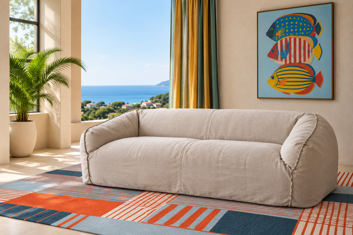 COUSIN Sofa in cream linen upholstery styled in a bright coastal living room with ocean views and a colourful fish art print