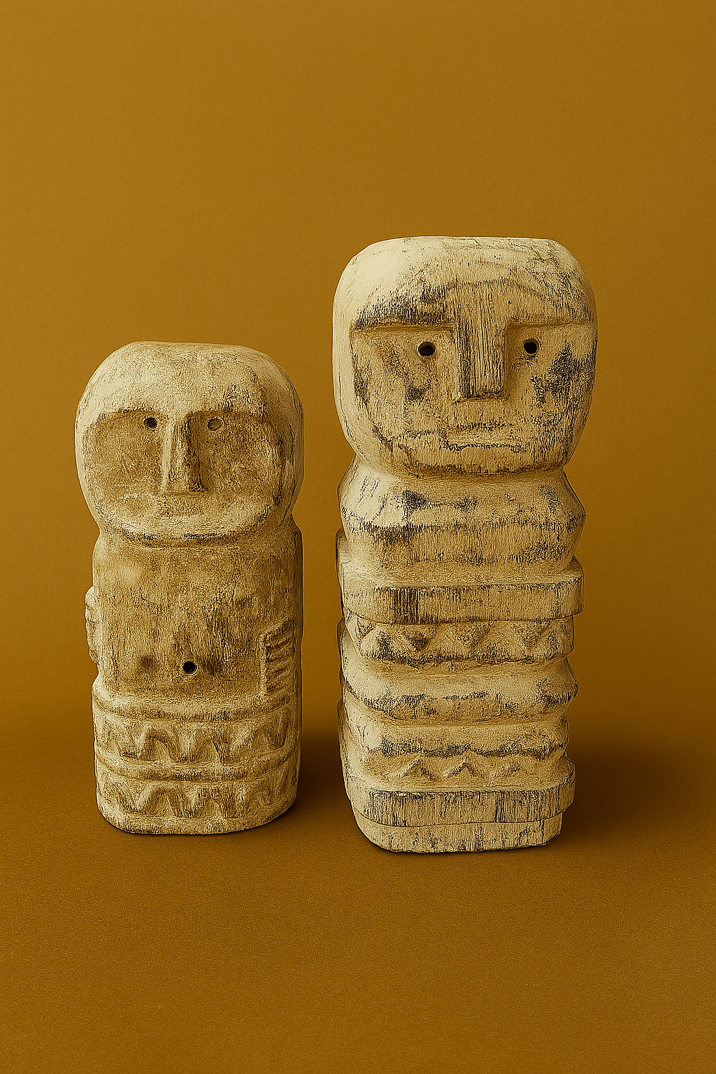 Two wooden ethnic figurines on a brown background