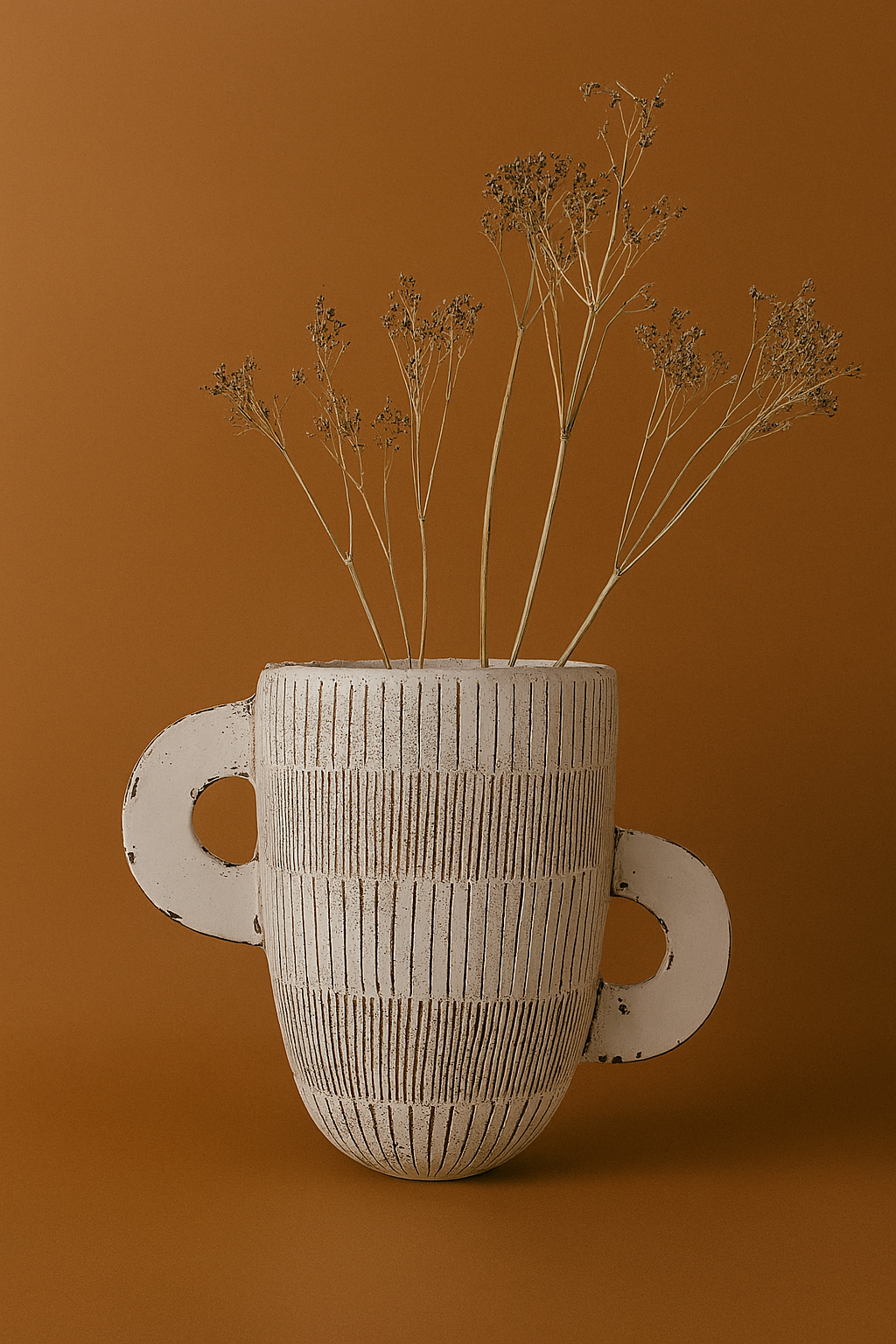 Textured ceramic vessel with handles containing dried plants on a brown background