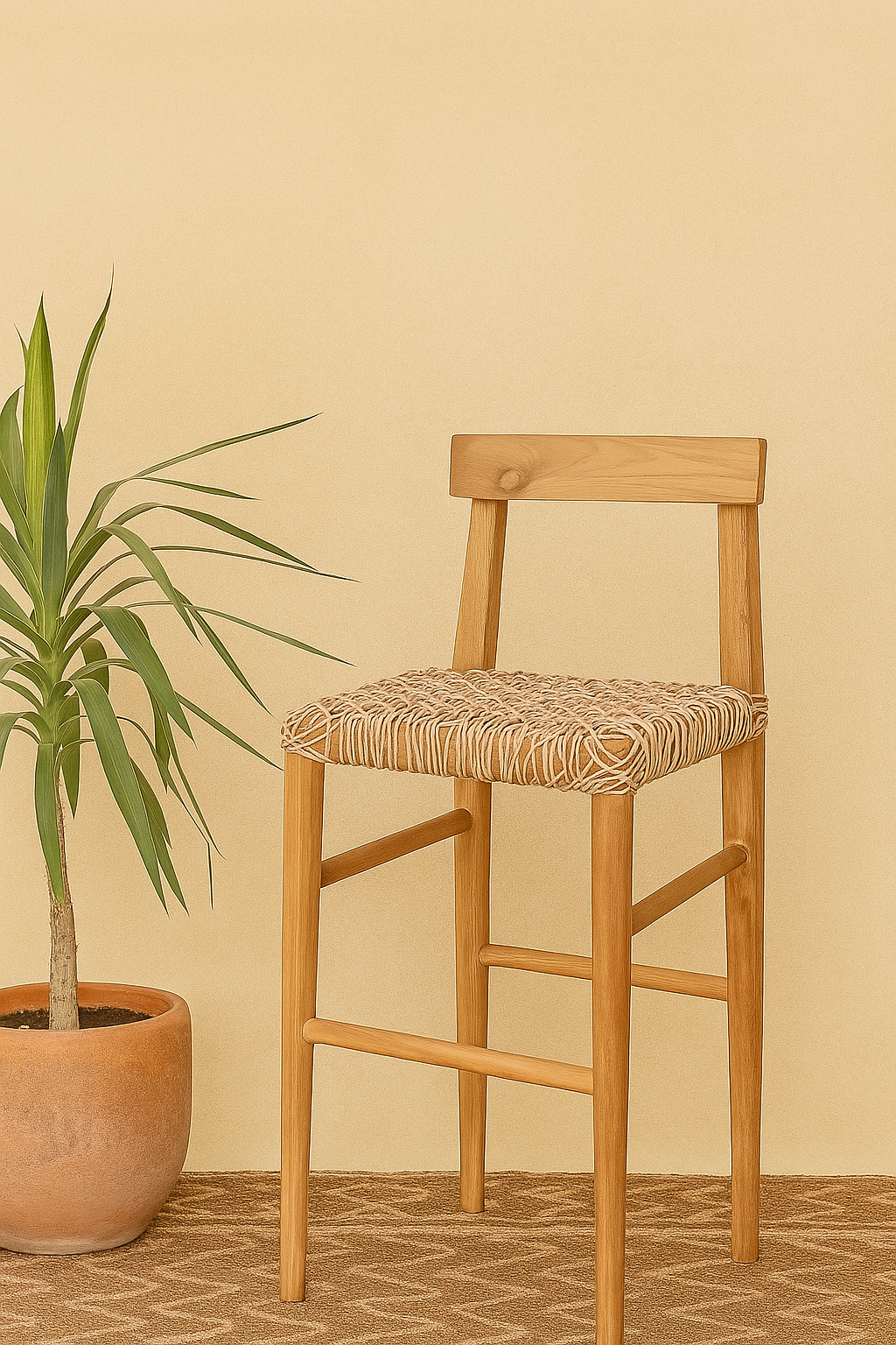 Evora bar stool with a handwoven seat and natural wood frame, styled next to a potted plant against a warm beige wall