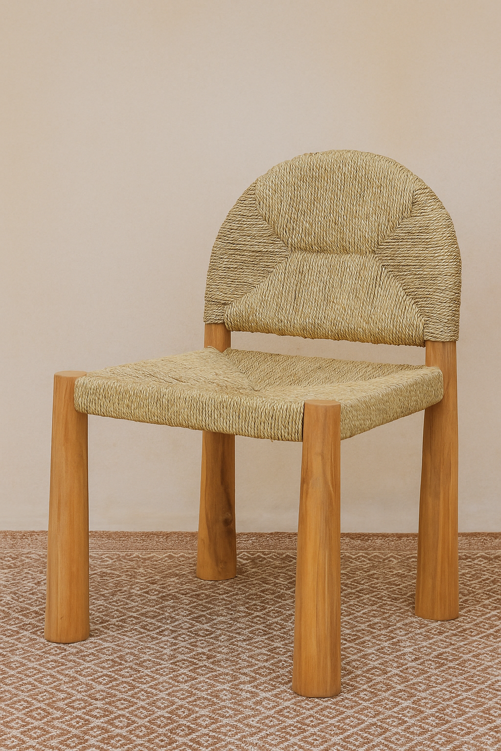 Evora II dining chair with Viro woven seat and backrest and solid rounded teak legs, styled against a neutral wall and patterned rug