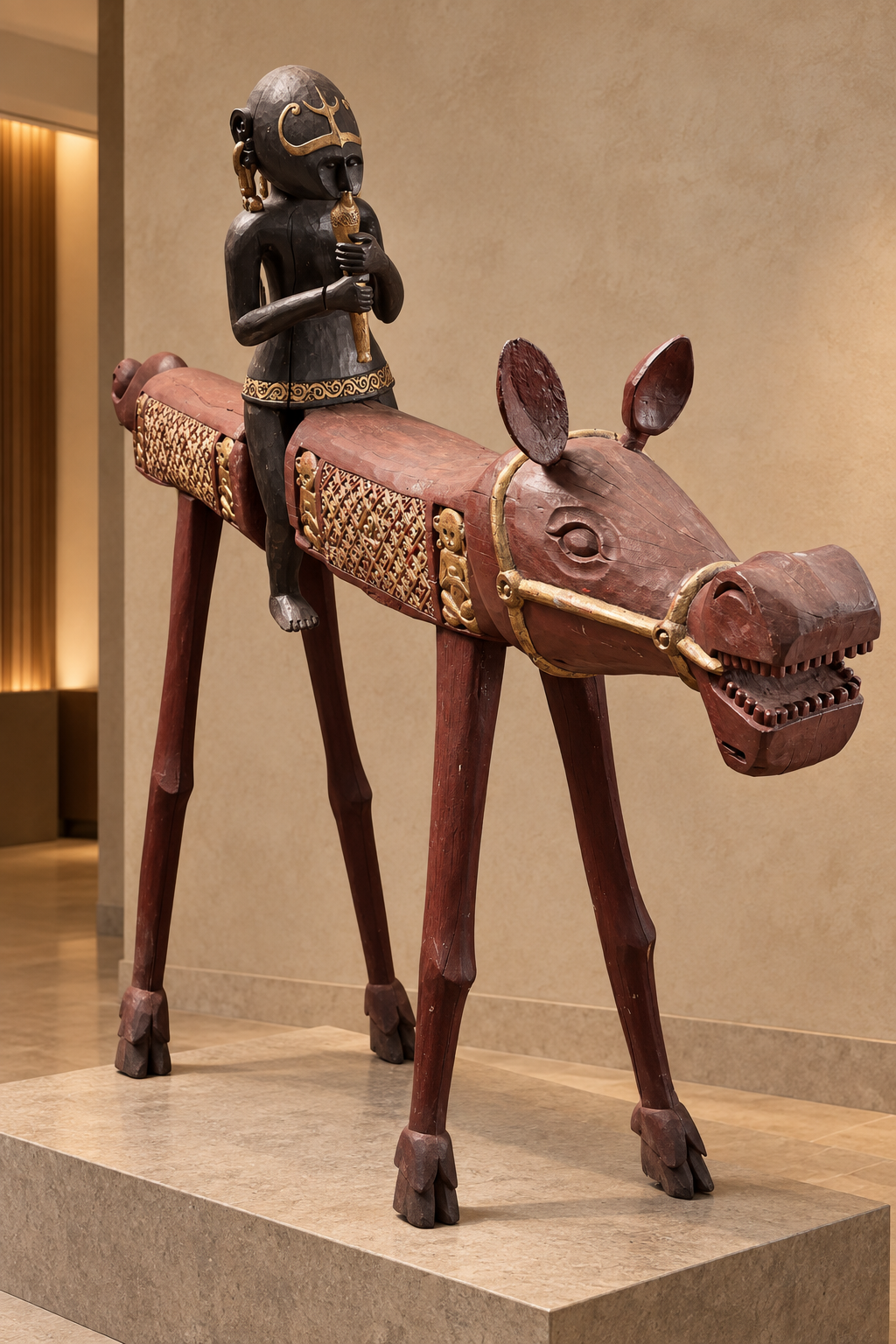 Hand-carved wooden horse and rider sculpture with elongated proportions and metal saddle and harness details.⠋