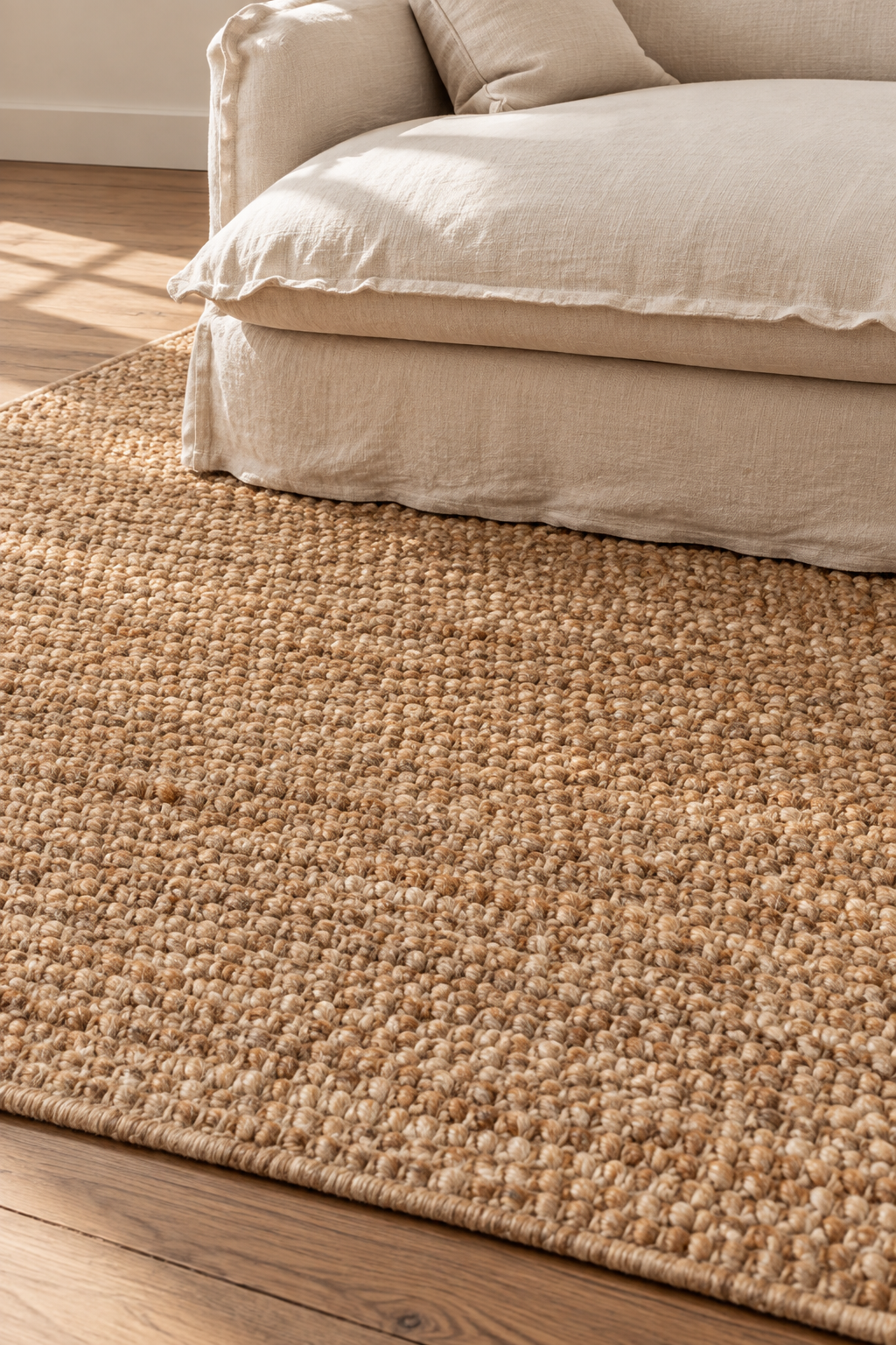 Handwoven natural jute bouclé rug with a dense looped surface in flax, sand and warm brown tones.