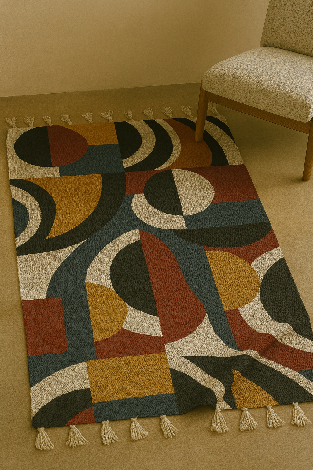 Hand-tufted geometric rug in bold earthy tones with tassel trim, styled beside a minimalist chair on a neutral floor