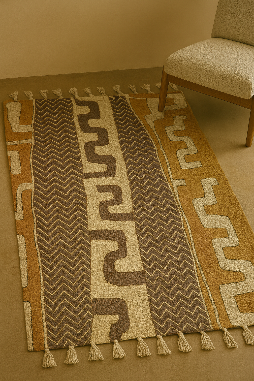 A hand-tufted wool rug in rust, cream, and brown tones with tribal-inspired geometric patterns, styled in a neutral-toned room with a mid-century chair.