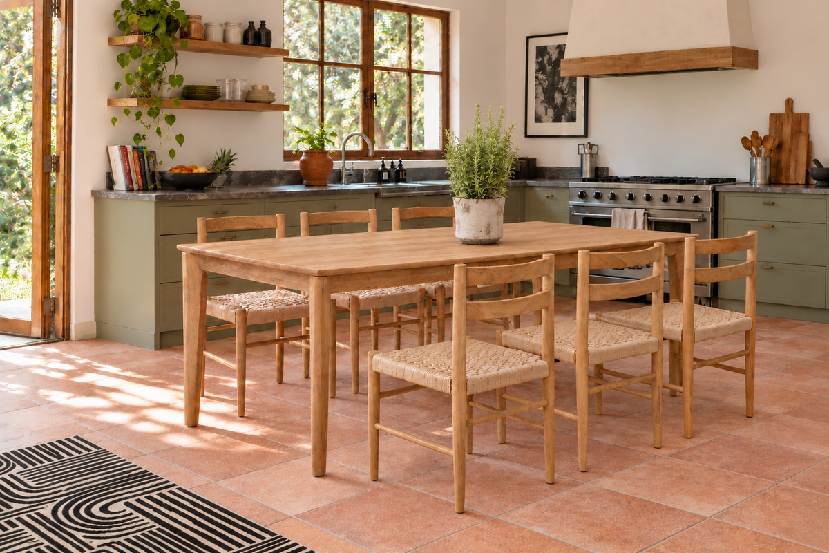 A light natural wood dining table with six matching wooden chairs featuring woven cane seats, set in a bright, modern kitchen with terracotta tiled floors and sage green cabinets.