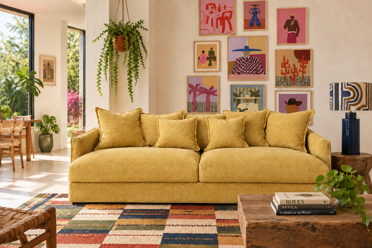 Manda Sofa in ochre linen with tailored arms and full back cushions