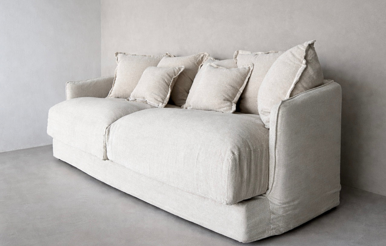 Manda Sofa in pumice 100% linen upholstery featuring structured arms and deep seating design