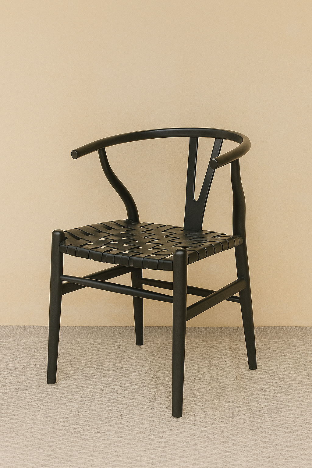 Black wooden dining chair with a curved backrest and handwoven black leather strap seat, set against a soft beige wall and neutral floor