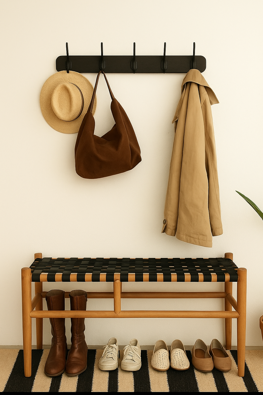 A modern entryway bench with black rubber strapping and a solid wood frame, styled with boots and shoes underneath and outerwear above.