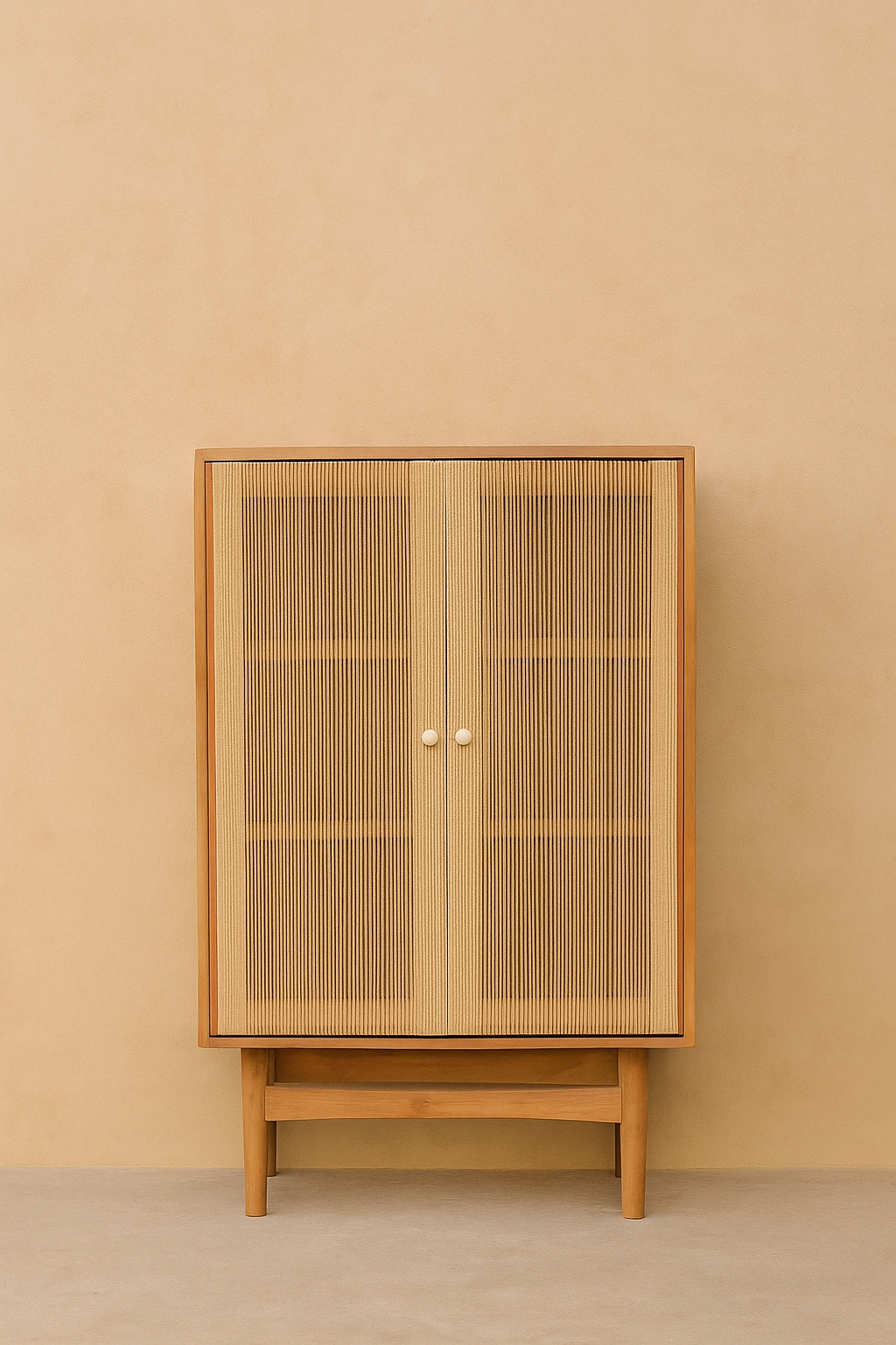 Hugo Tall Cabinet in solid teak with vertical cord weave doors, elevated base, and minimalist white knobs, handcrafted storage cabinet for homes, lodges, and boutique hotels.