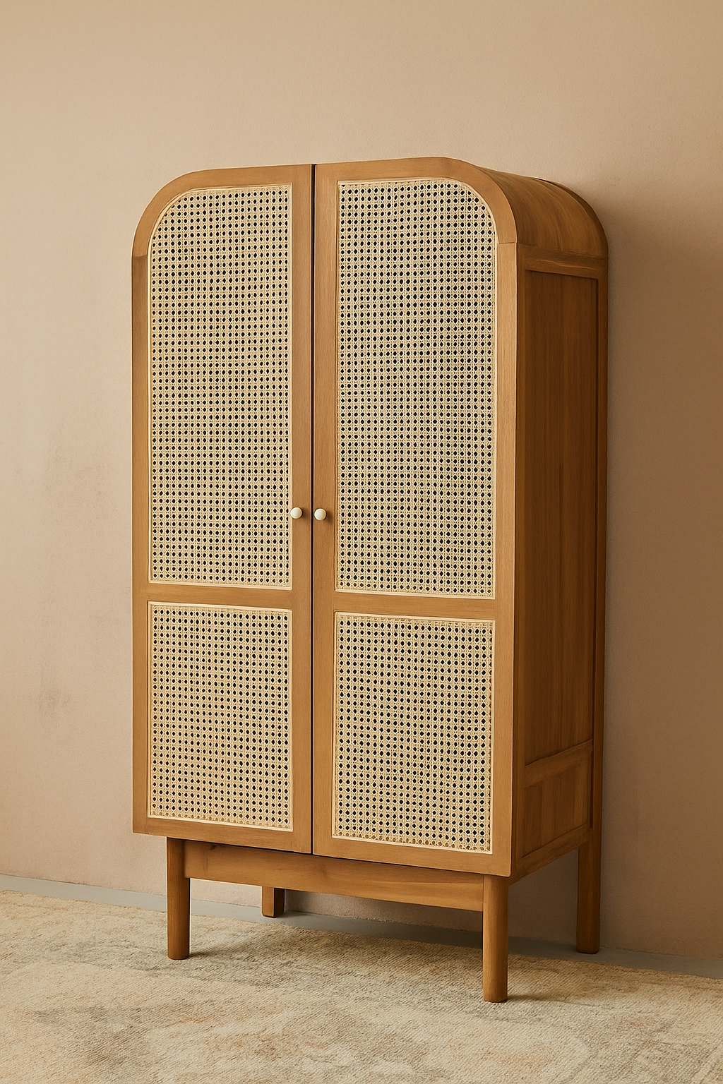 Torit Armoire in solid teak with sculptural arched design and woven cane panel doors, handcrafted storage cabinet for homes, lodges, and boutique hotels.