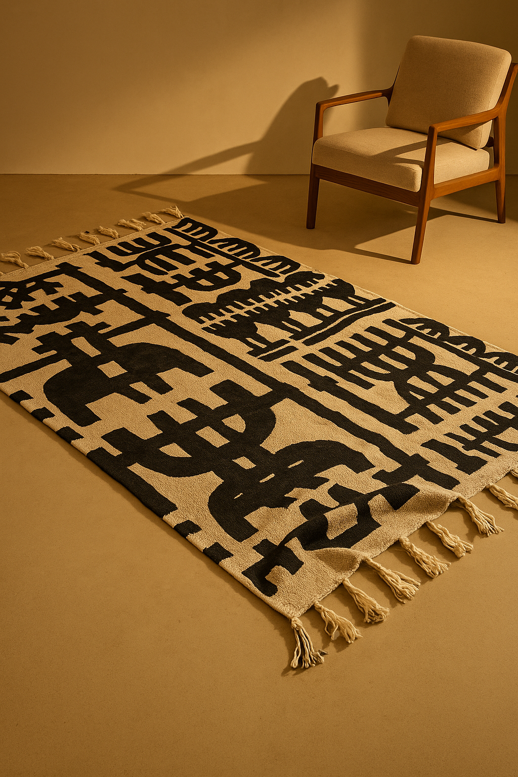 Totem hand-tufted rug with bold black African-inspired symbols on a beige cotton base, styled with a wooden armchair on a neutral-toned floor.