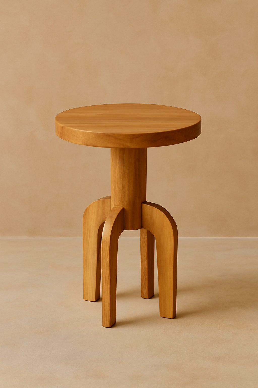 Yanis I Coffee Table in solid natural teak with round top and sculptural split-leg base, handcrafted accent table for homes, lodges, and boutique hotels.