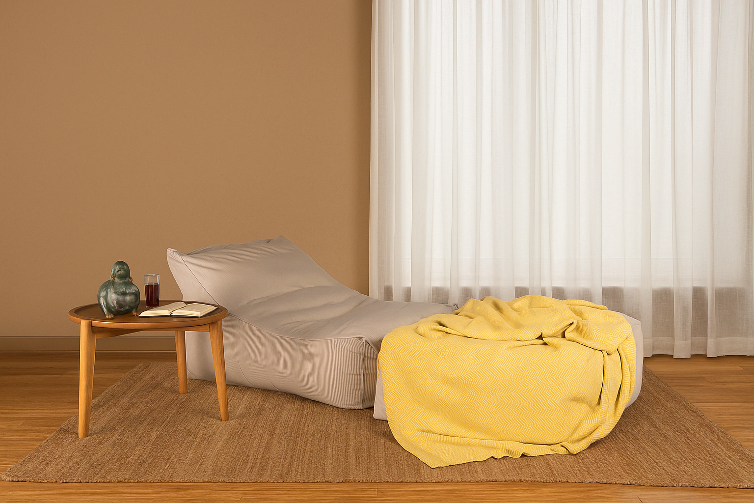 Low-profile fabric lounge set with striped upholstery, soft organic shape, and a yellow throw, styled on a bold rug with wooden accents