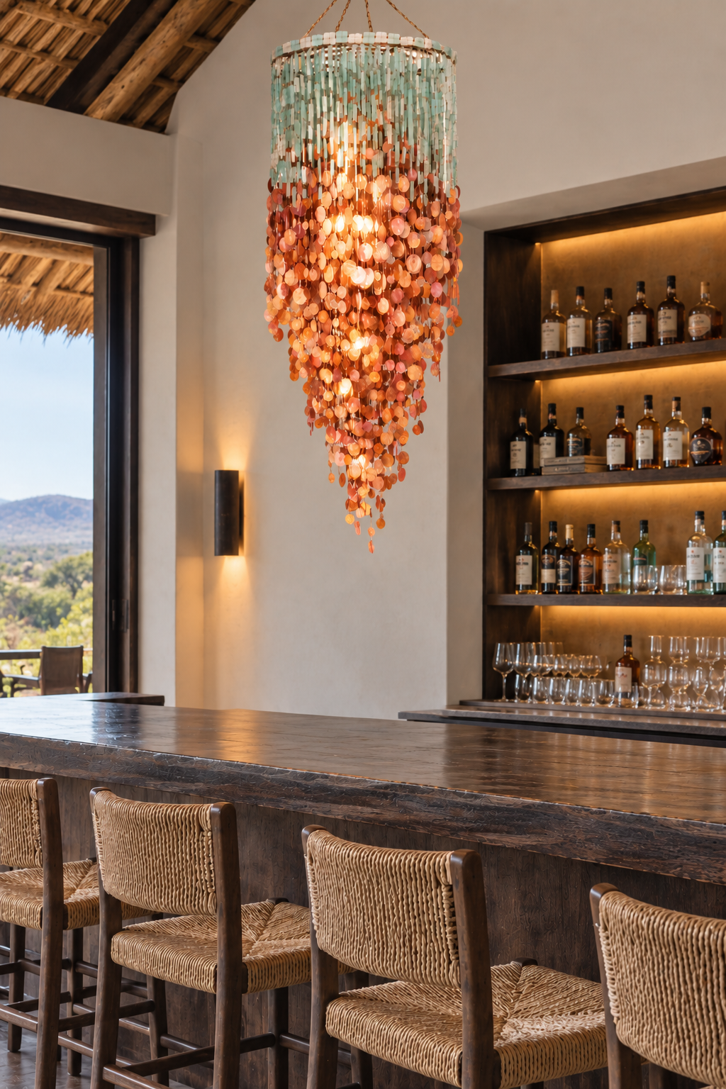 Yes. Use:
**Shaba chandelier made in Malawi from recycled copper and smooth tumbled glass bottles, arranged in cascading tiers.**