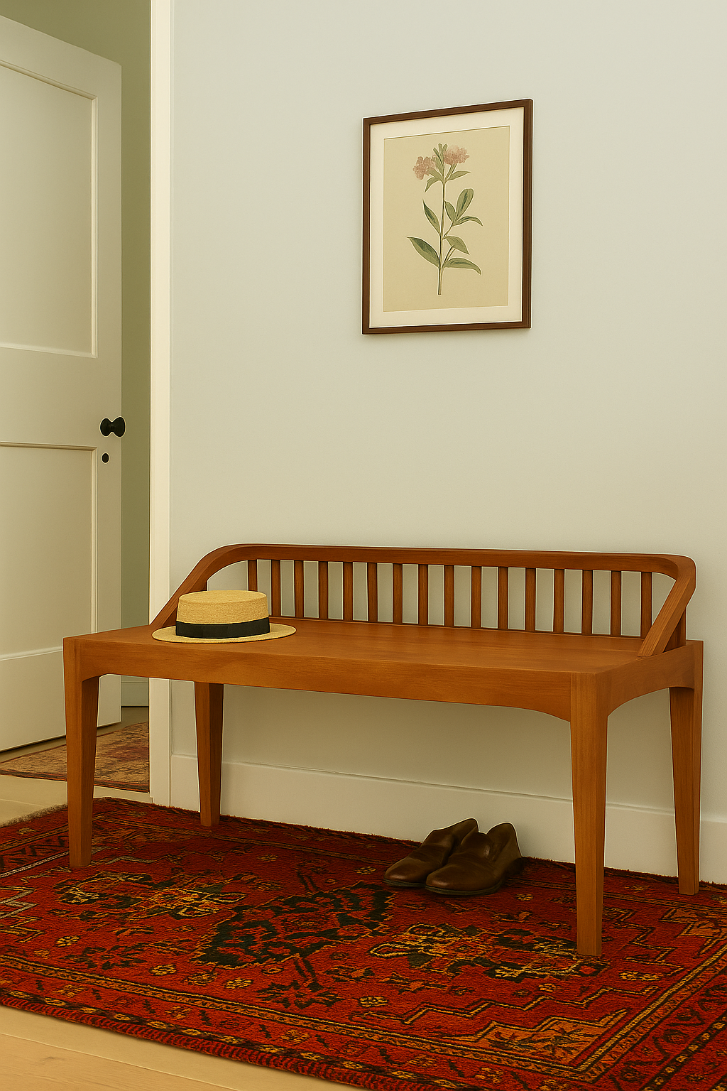 Siroc teak wood bench with a gently curved backrest, styled in a hallway with a Persian rug and framed botanical art.