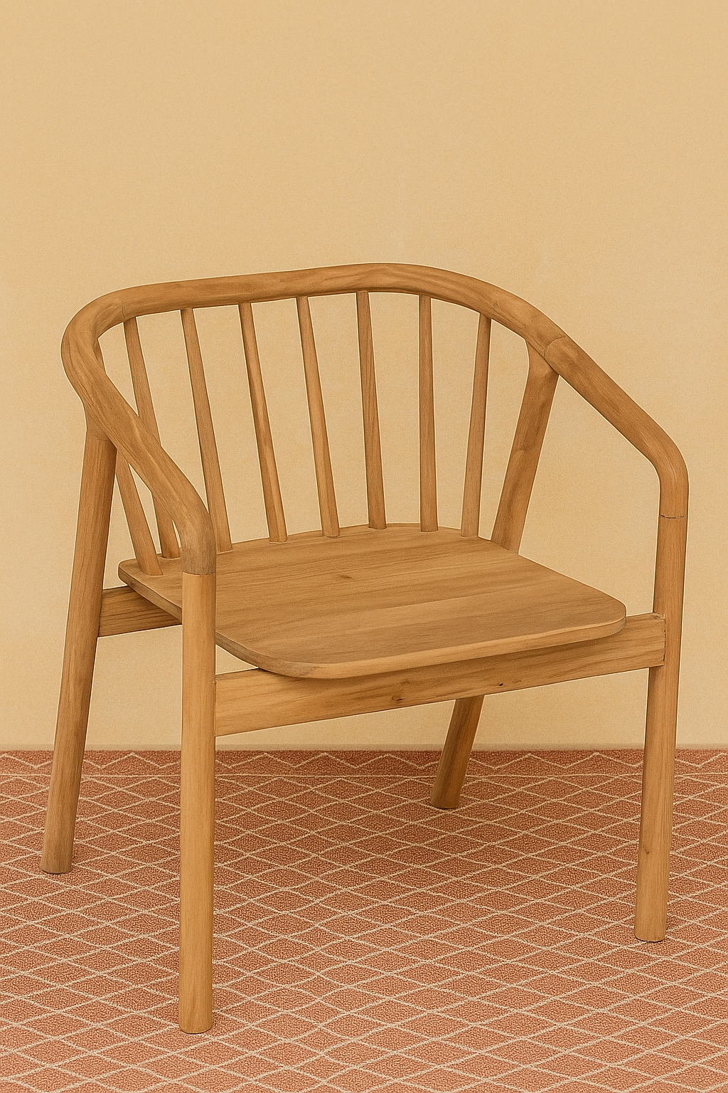 Siroc dining chair made from solid teak with a curved spindle back and rounded seat, set against a soft neutral background