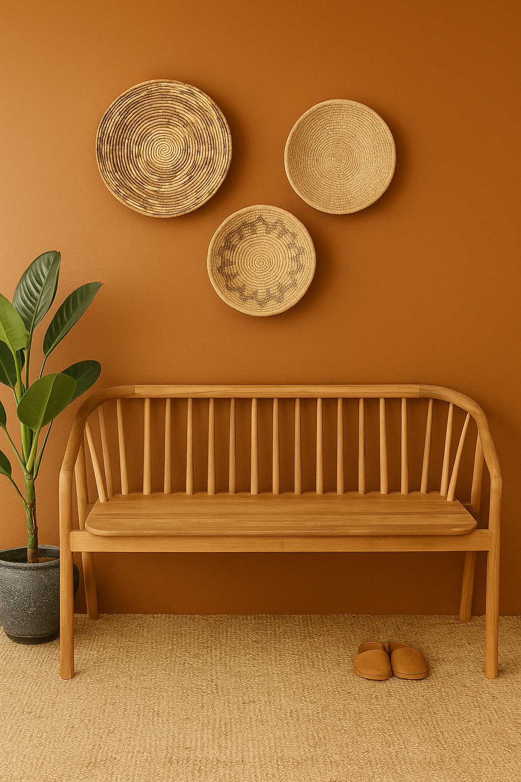 A handcrafted wooden bench with a curved spindle backrest and natural finish, placed against a brown wall with 3 baskets.