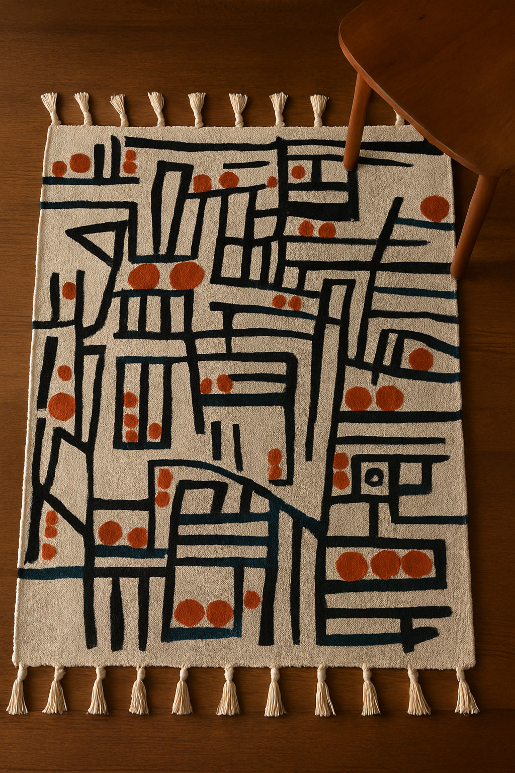 Suni hand-tufted abstract rug with black linear pattern and terracotta dot accents on an ivory background, styled with a warm wood chair and dark floor.