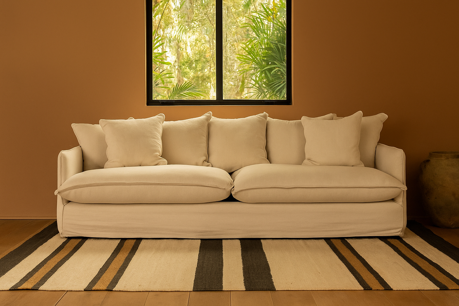 Tanga Sofa in natural linen-cotton blend with deep cushions, styled against a warm brown wall and striped rug