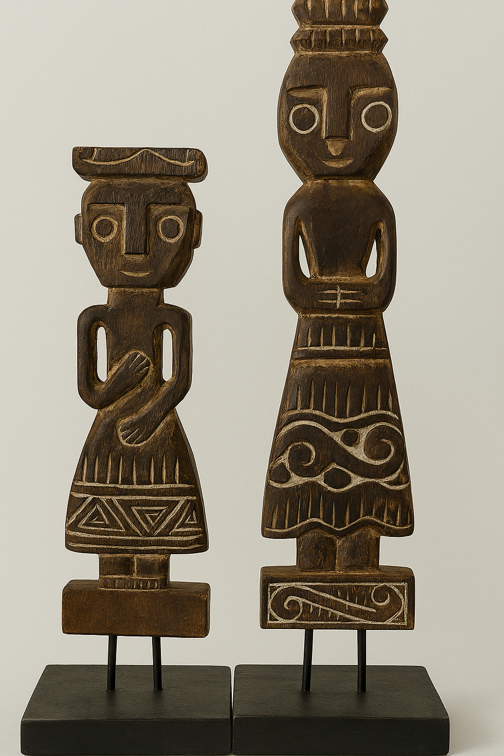 Two wooden figurines with intricate carvings on a plain background
