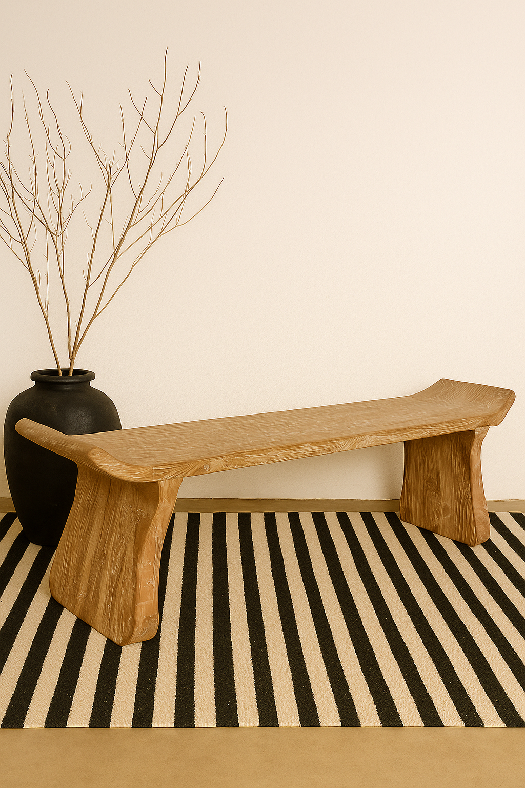 A sculpted teak wood bench with gracefully curved edges, styled on a striped black and white rug beside a black vase with dried branches