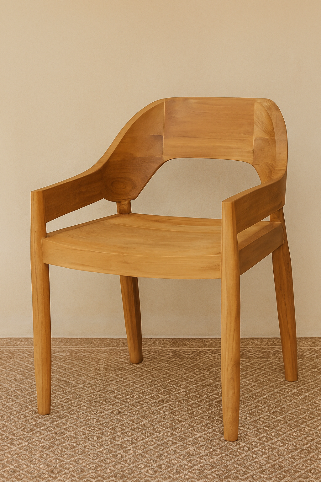Curved wooden dining armchair with sculpted backrest and gently tapered legs, styled on a patterned rug against a soft neutral wall
