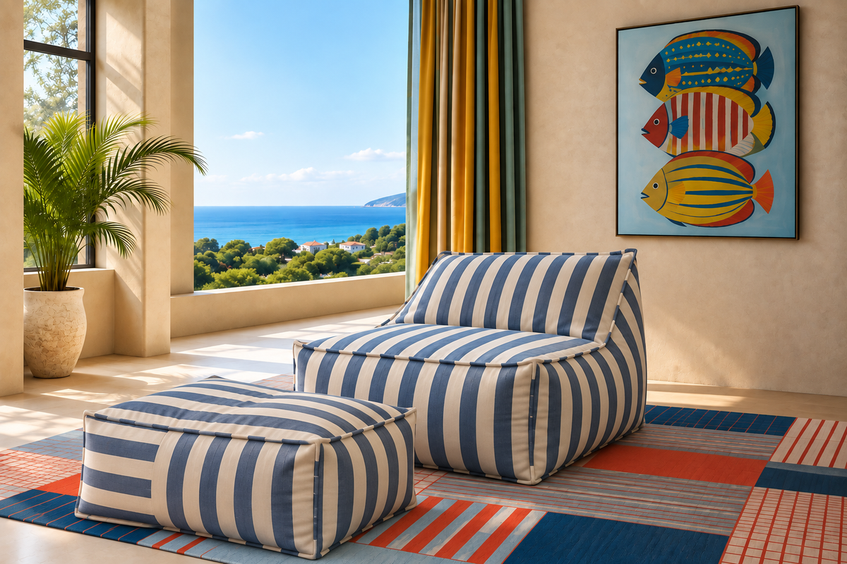 ZANZIBAR Lounge Set in blue and white stripe fabric with matching ottoman, styled in a bright coastal room with ocean views