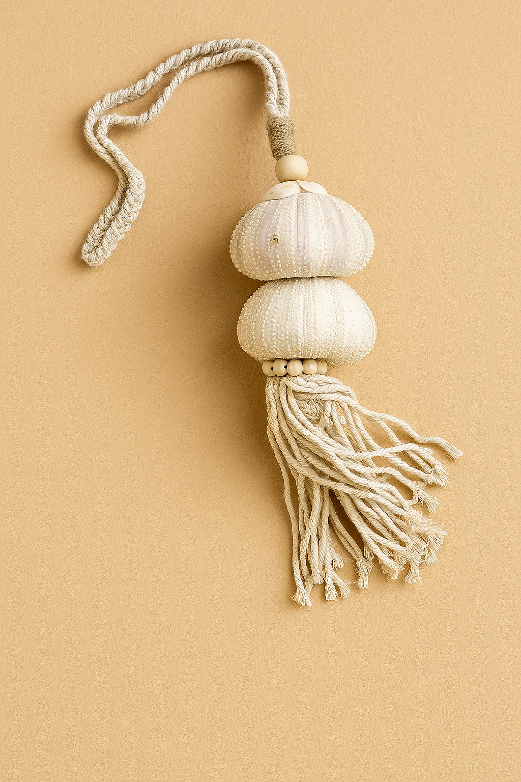 Handcrafted ornament made from natural sea urchin shells, braided rope, and wooden beads, known as the Zola Tassel.