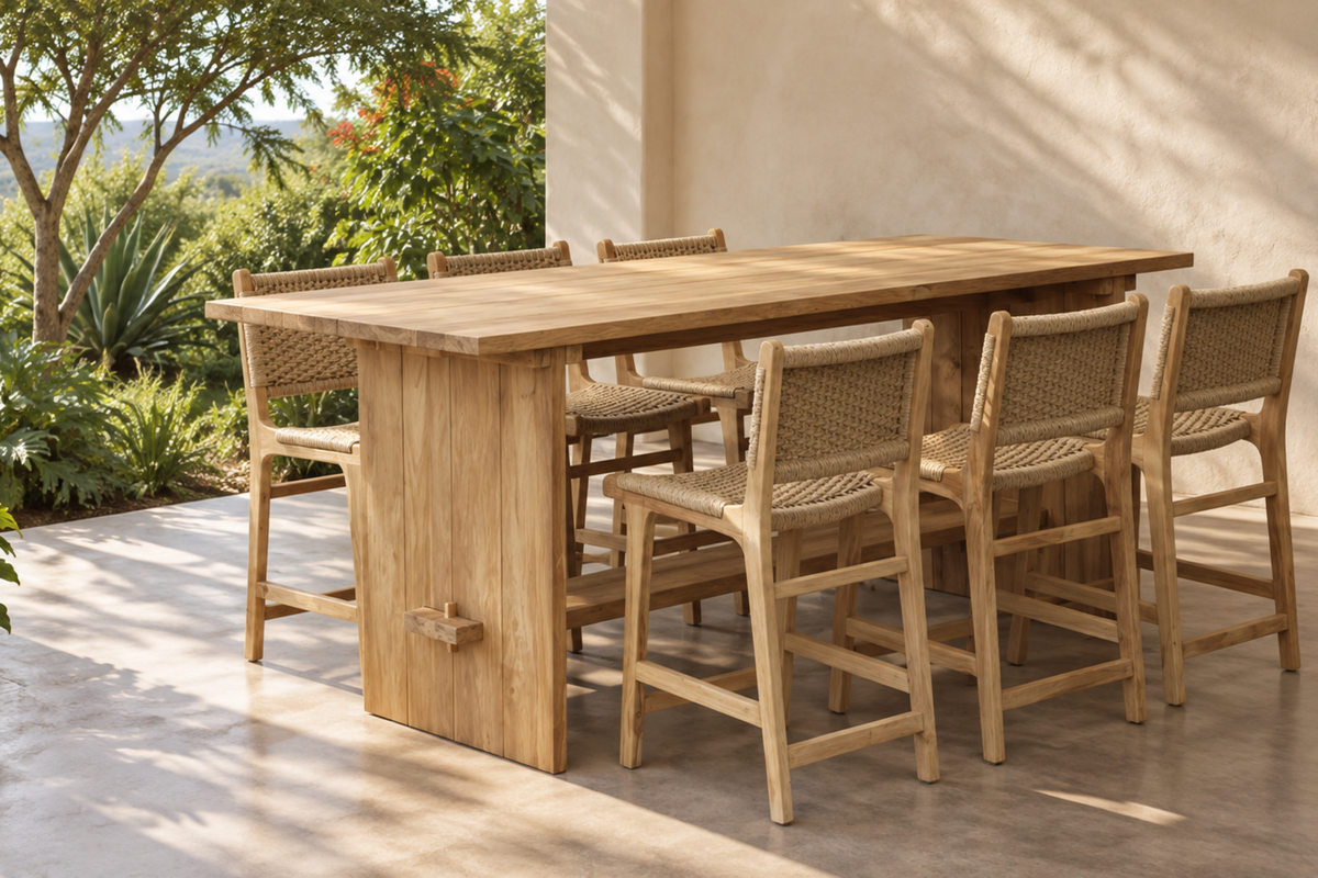 BAJO Breakfast Table and Chairs in recycled Indonesian teak with Viro fibre woven seats, styled on a shaded veranda overlooking lush tropical greenery