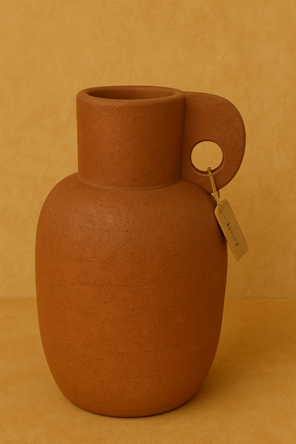 Terracotta-colored vase with a circular handle on a neutral warm background