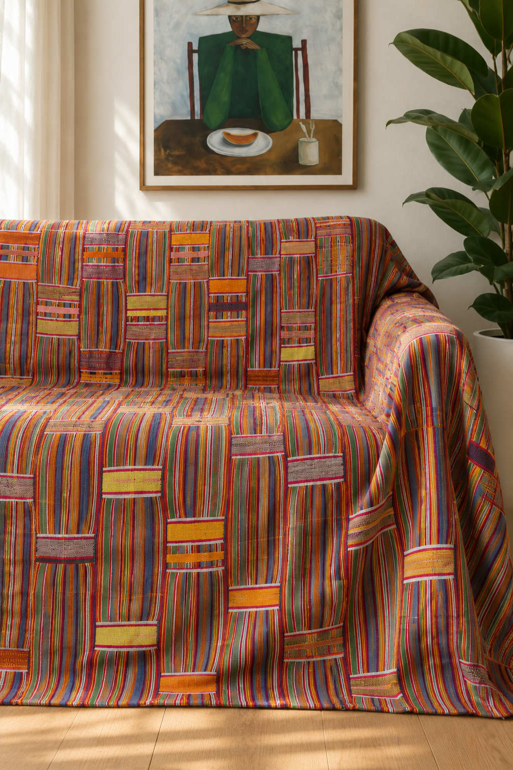 Handwoven Ewe kente cloth from Ghana and Togo with bold stripes, colour blocks and woven details.