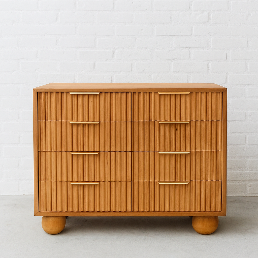 Iromo Cabinet in solid teak with six fluted drawers, brass handles, and sculptural ball feet, handcrafted chest of drawers for boutique hotels, luxury lodges, and high-end interiors.