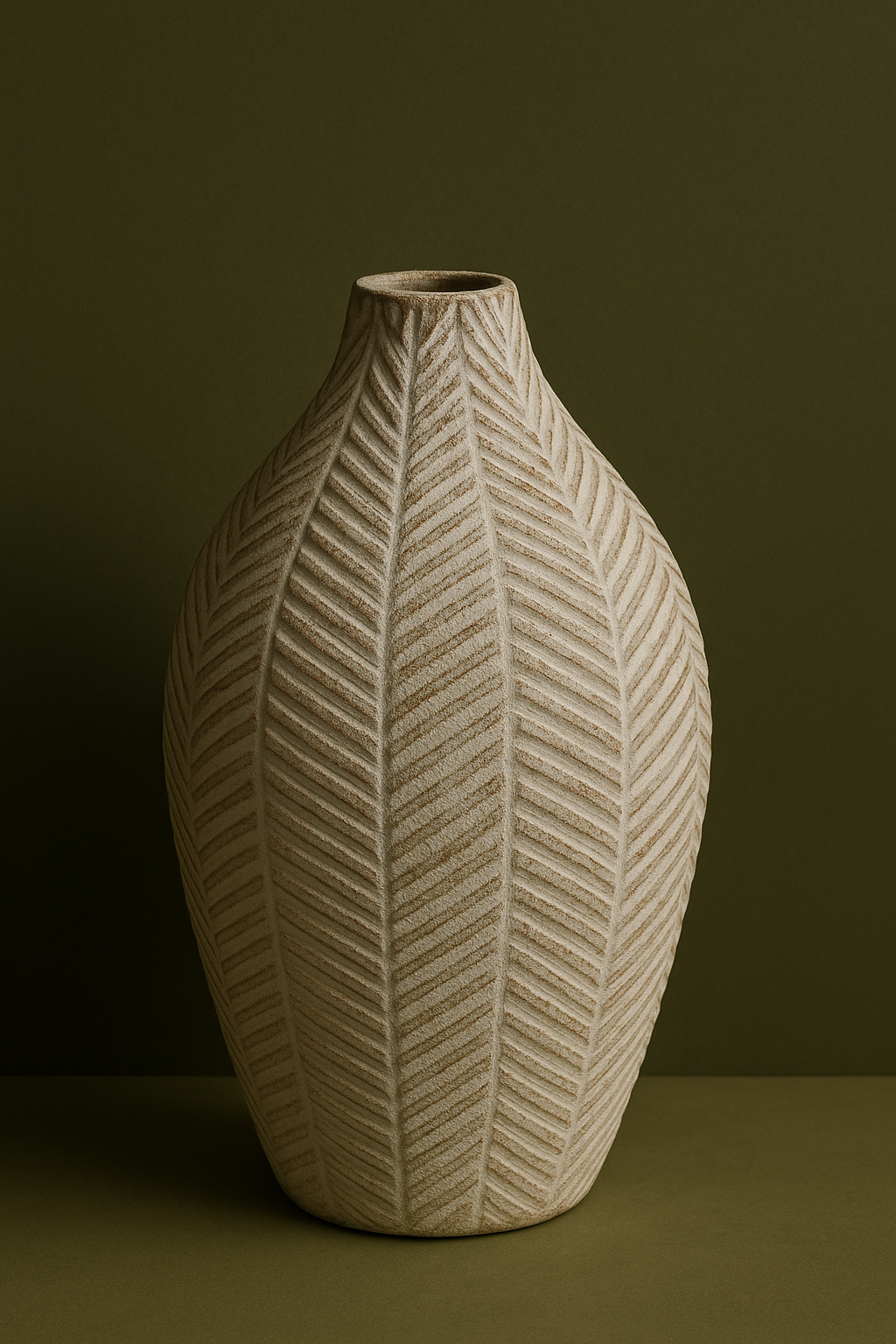 Textured white wash vase with a geometric pattern on a dark background