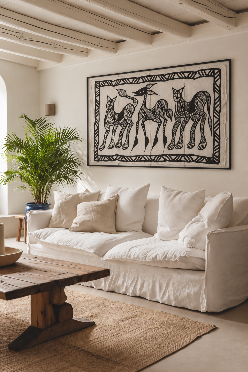 Handmade Korhogo cloth from northern Côte d’Ivoire, with hand-drawn animal and graphic motifs in dark natural dyes.