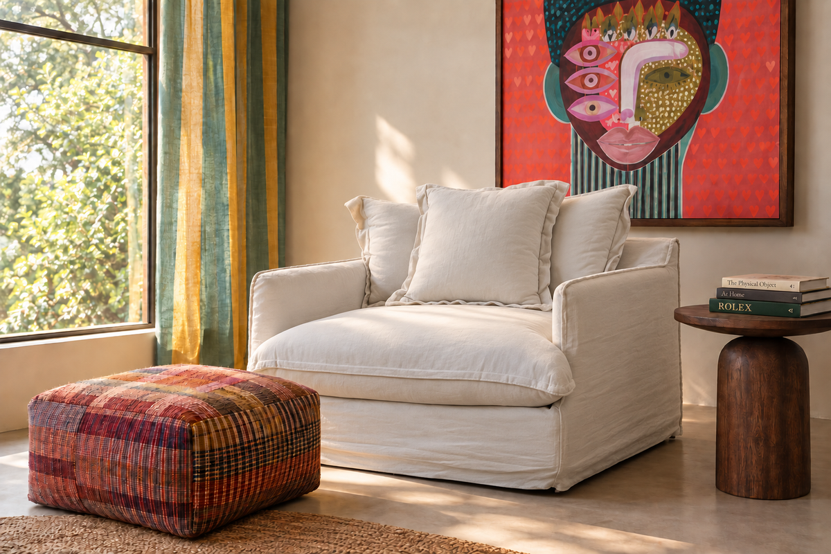 White cotton armchair with 3 back cushions and generous proportions