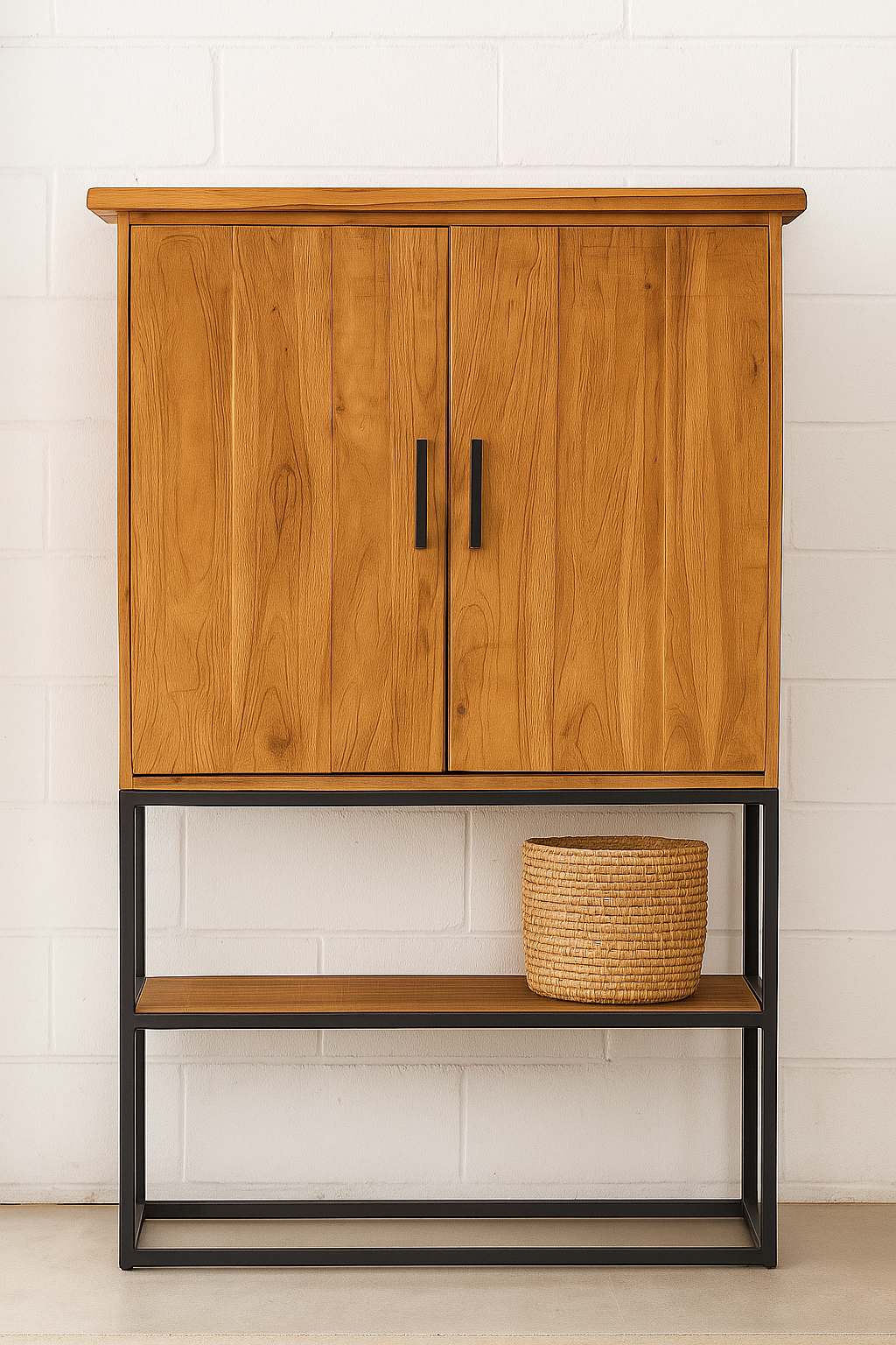 Ndoto II Cabinet in solid teak with natural wood doors, vertical black metal handles, black metal frame and open lower shelf, handcrafted storage cabinet for boutique hotels, lodges, and luxury interiors.