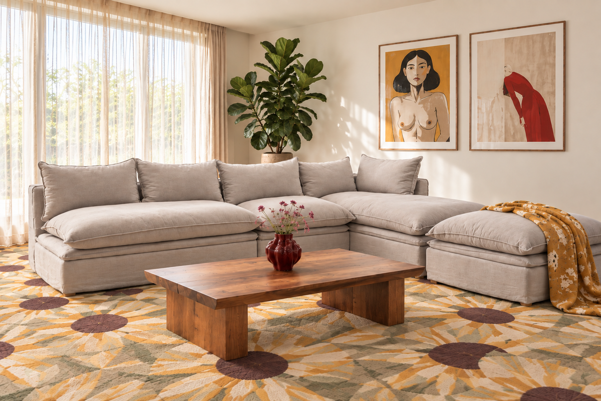 OCHRE modular sofa in a neutral linen-look fabric with deep seats and oversized cushions, styled in a bright living room with a teak coffee table, ottoman, botanical prints and a patterned rug
