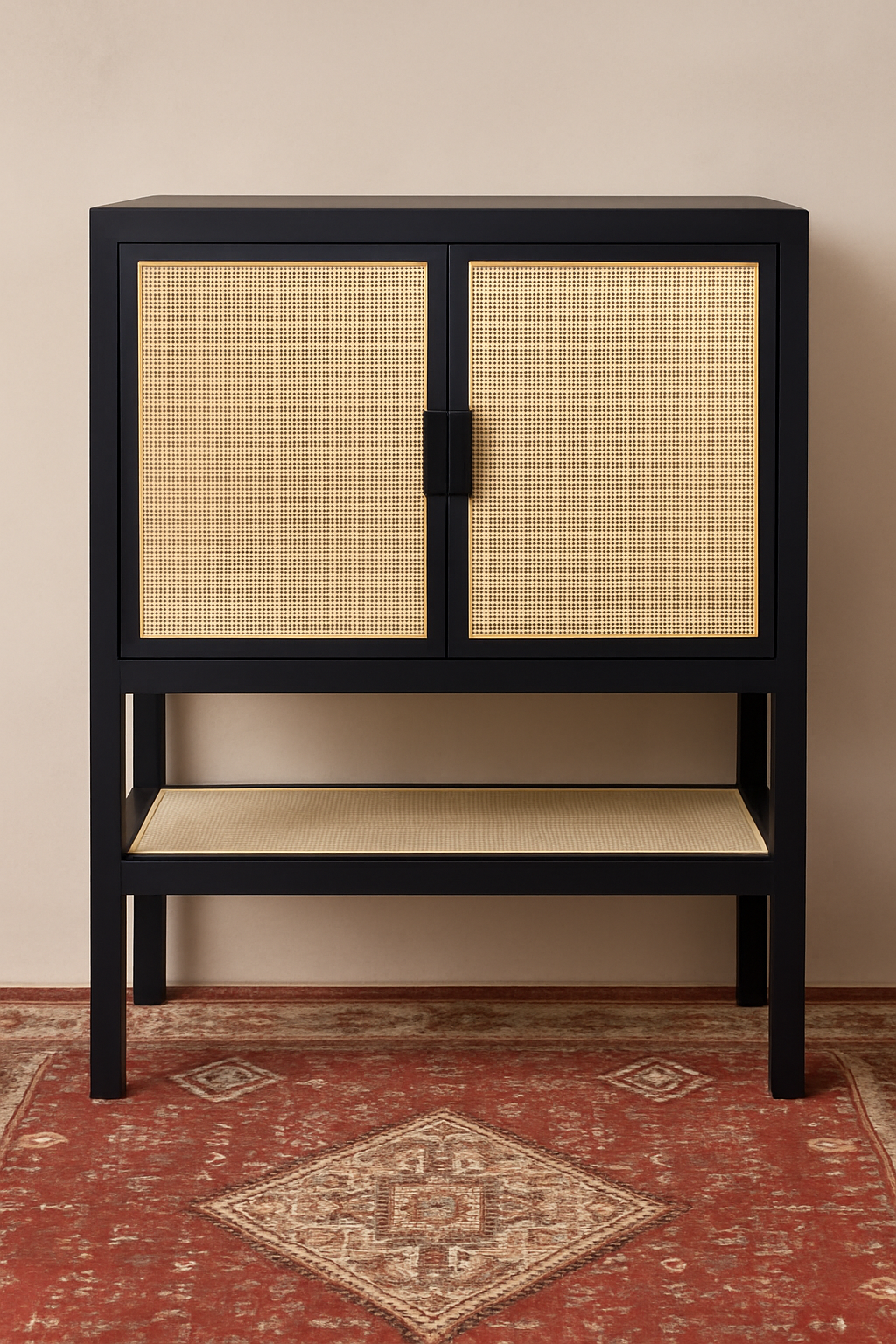 Palma Cabinet in black solid teak with handwoven rattan doors and shelf, elevated on minimalist legs, handcrafted storage cabinet for boutique hotels, luxury lodges, and high-end interiors.